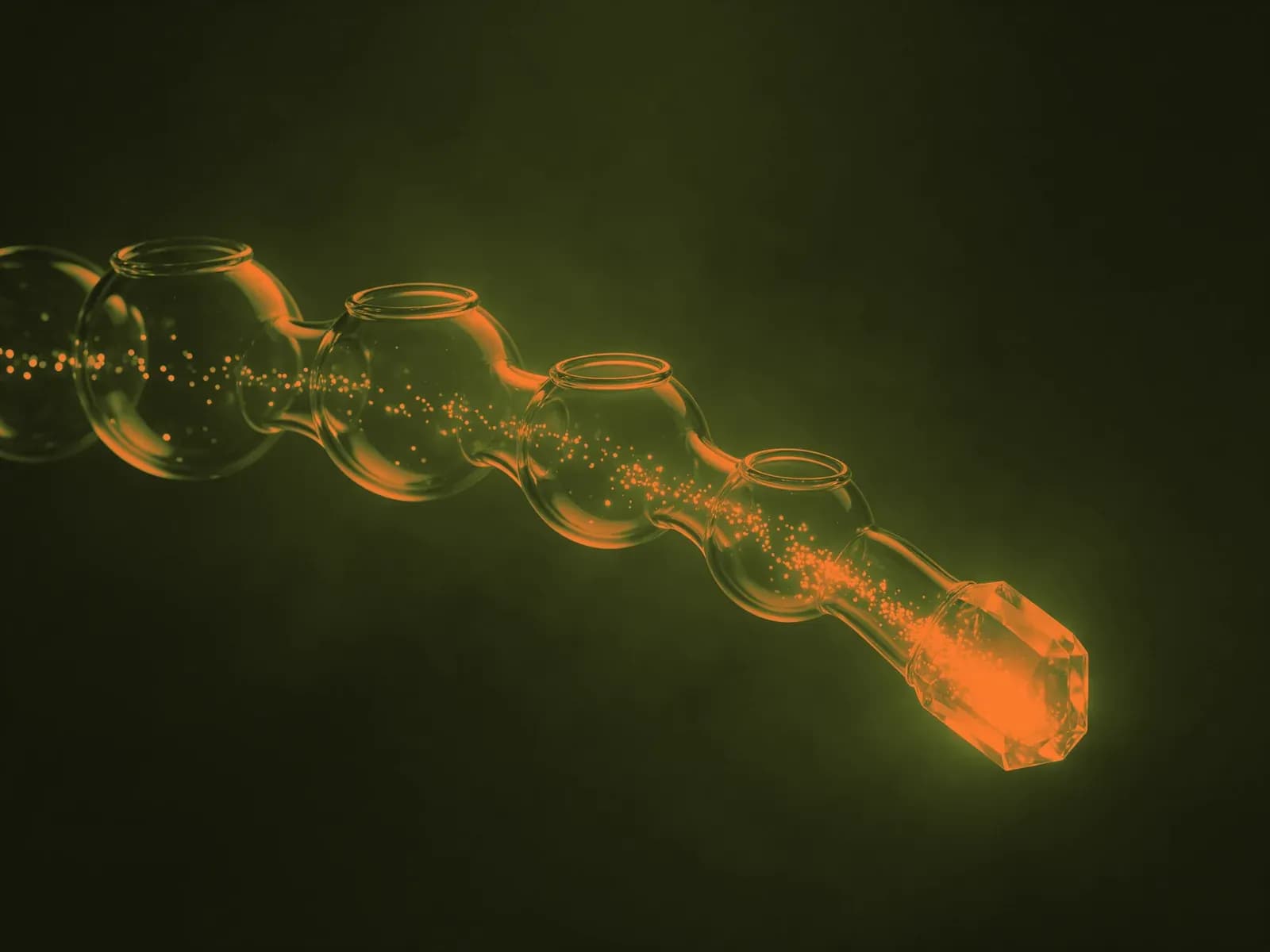 Pipeline de vidro com estágios luminosos convergindo em um negócio fechado, o funil comercial, em oliva e laranja