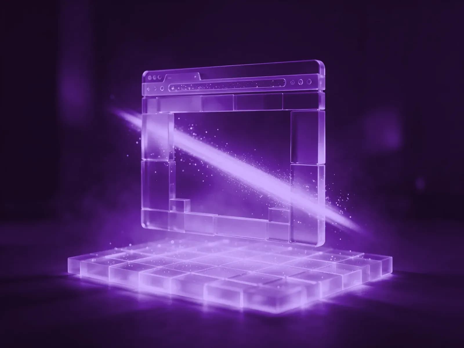 Frame de navegador de vidro se montando de blocos modulares sobre uma base em grade, o site como sistema, em roxo