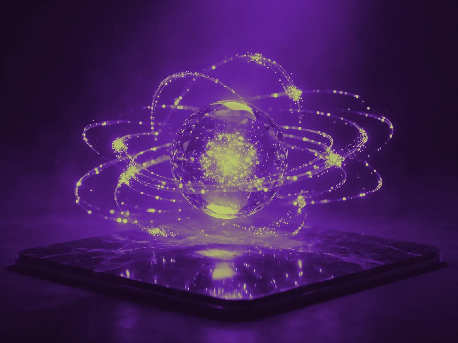 Núcleo inteligente com fluxos automatizados em órbita processando tarefas repetitivas, em roxo e verde