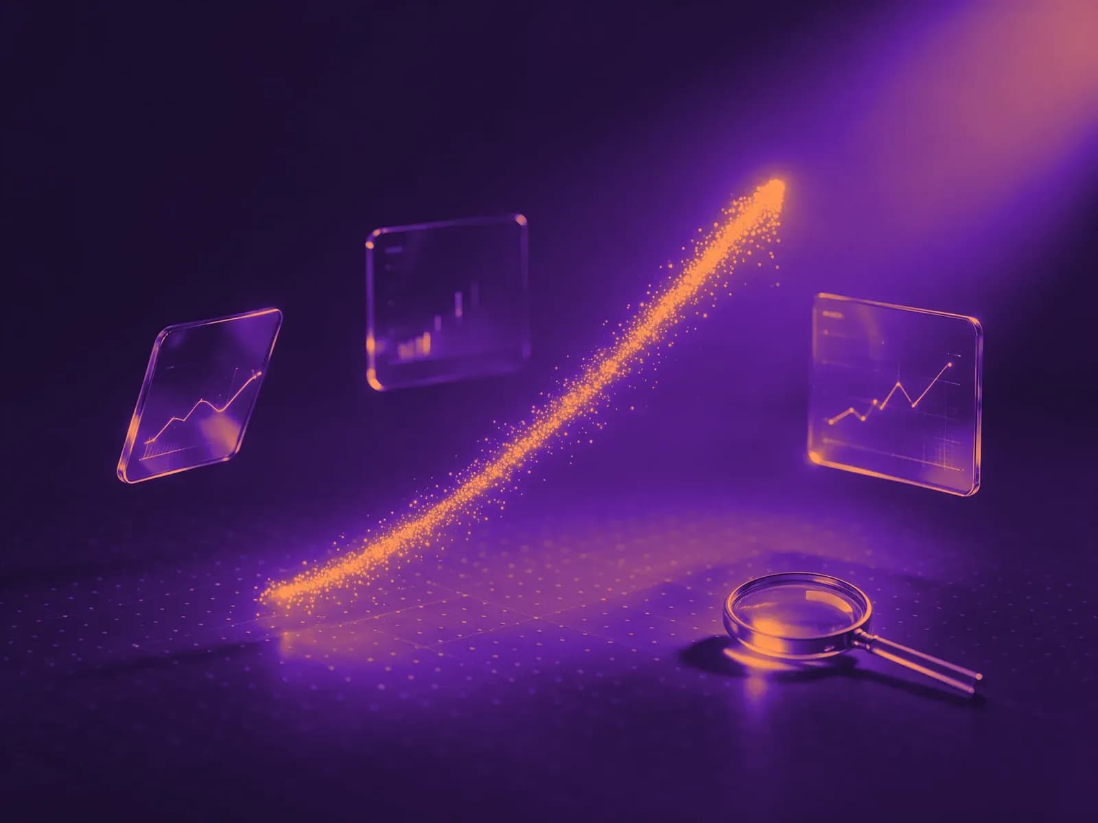 Composição abstrata de gestão de anúncios: painéis de vidro com gráficos e uma curva de resultados em ascensão, em roxo e laranja
