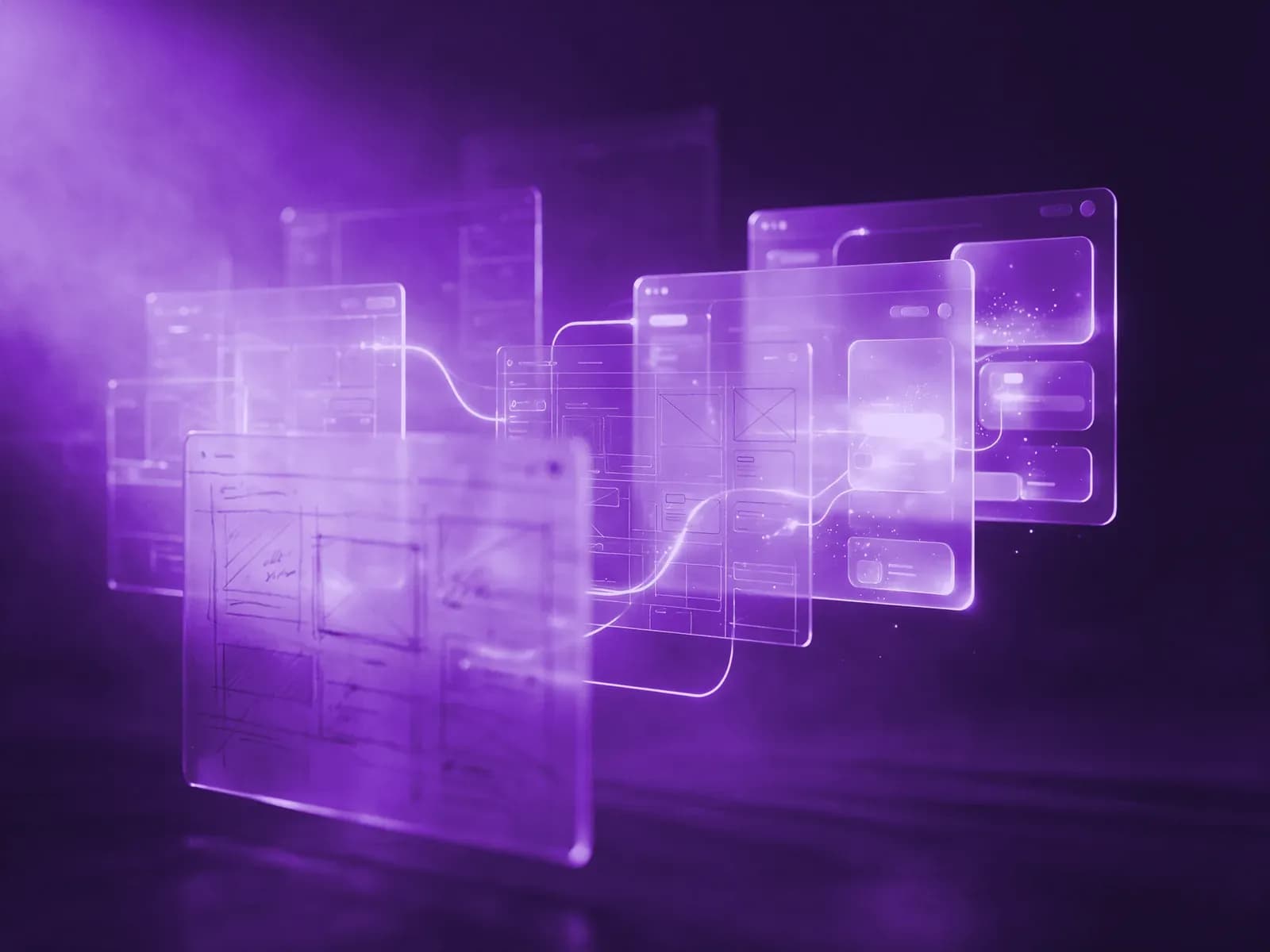 Telas de interface em camadas ordenadas ligadas por linhas de fluxo, do wireframe ao design system, em lilás