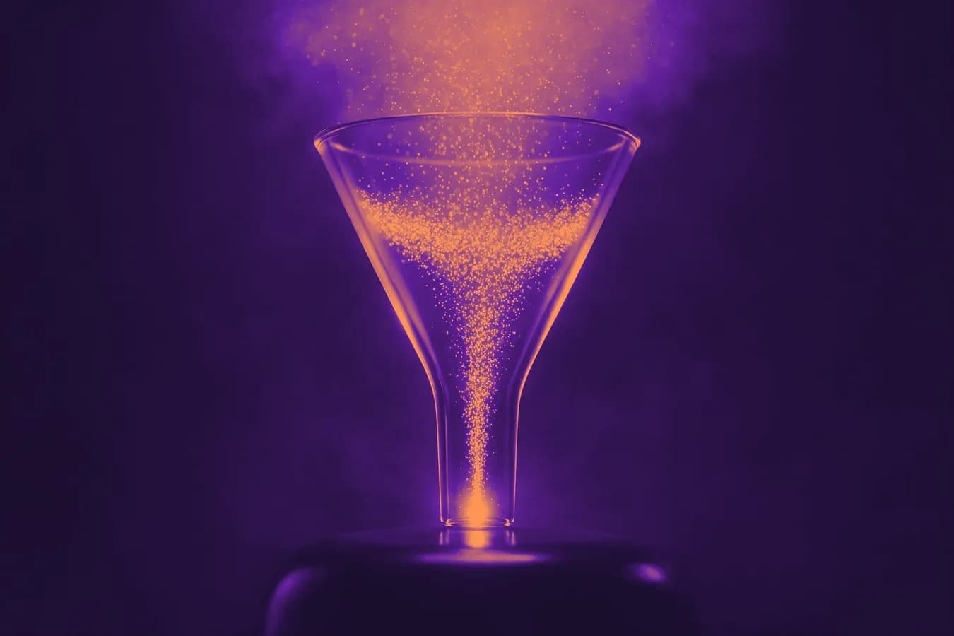 Funil luminoso com partículas convergindo em um ponto, a operação comercial que fecha vendas