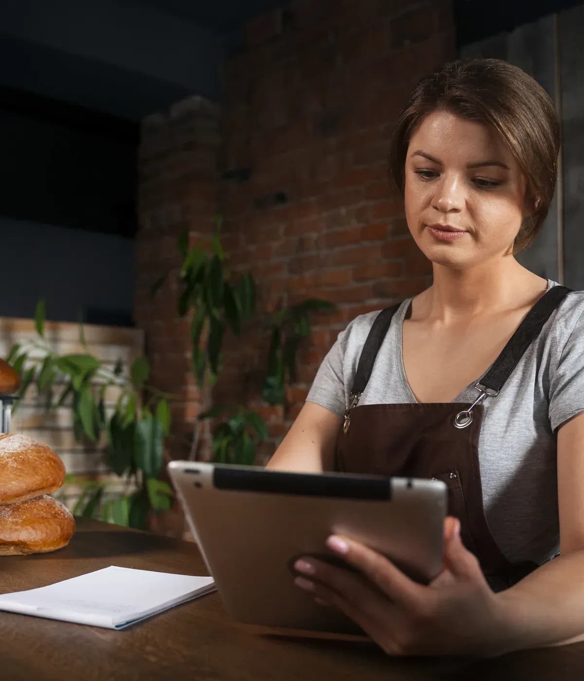 Dona de um pequeno negócio local usando um tablet para receber pedidos online.